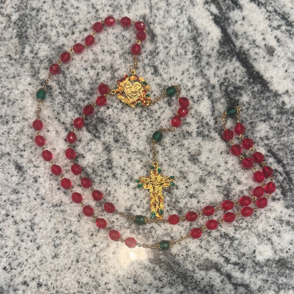 Elegant Red and Gold Rosary Necklace
